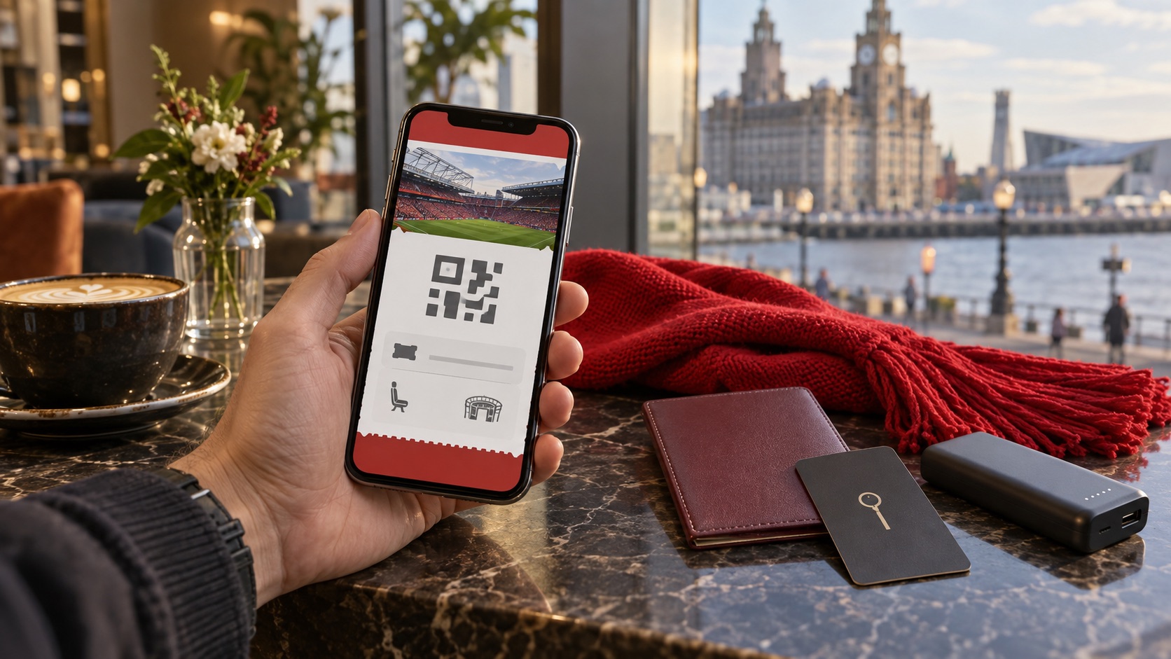 Digital Liverpool-biljett i mobiltelefon tillsammans med halsduk och powerbank