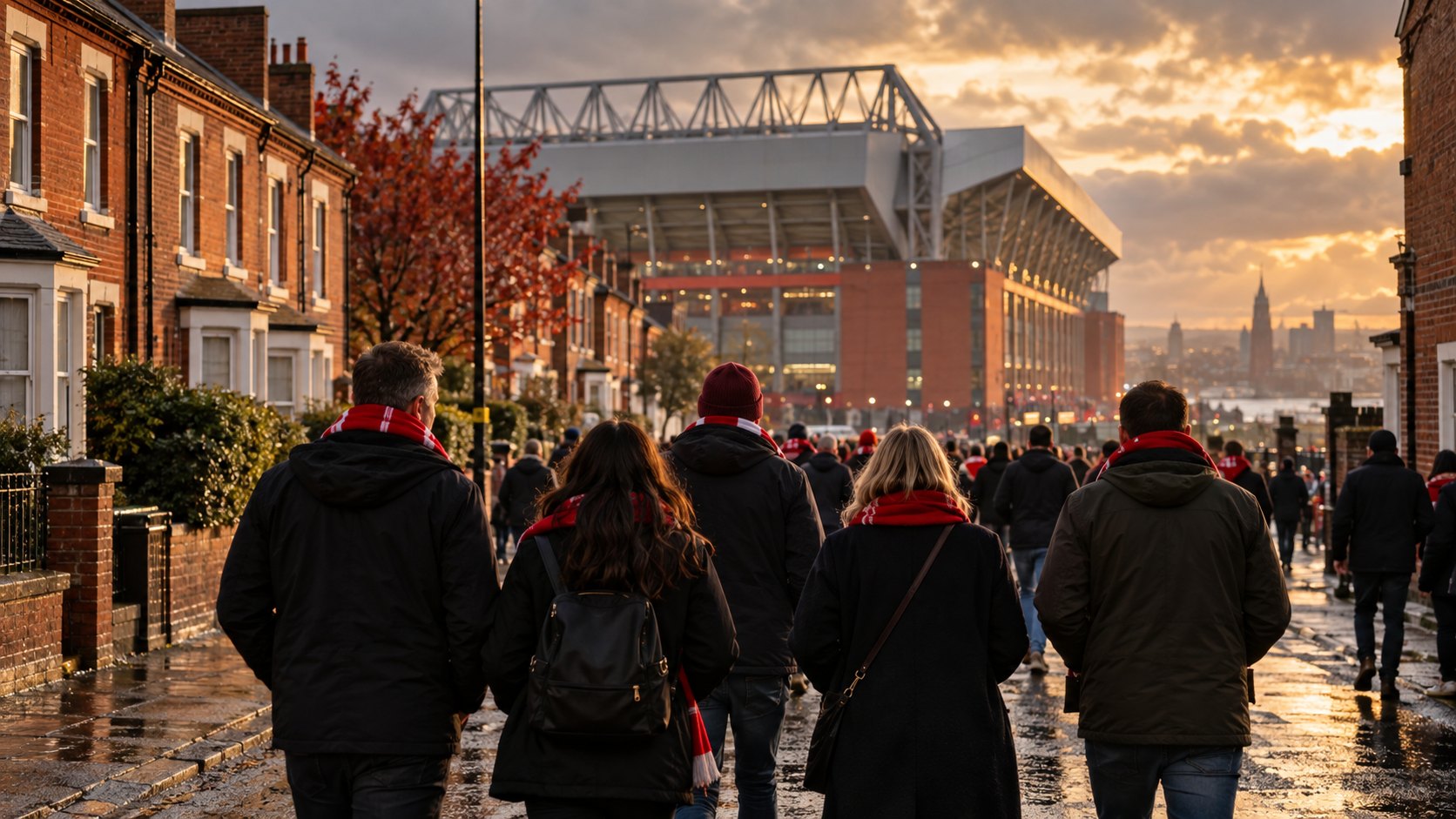 Supportrar i röda halsdukar på väg mot en fotbollsarena i Liverpool