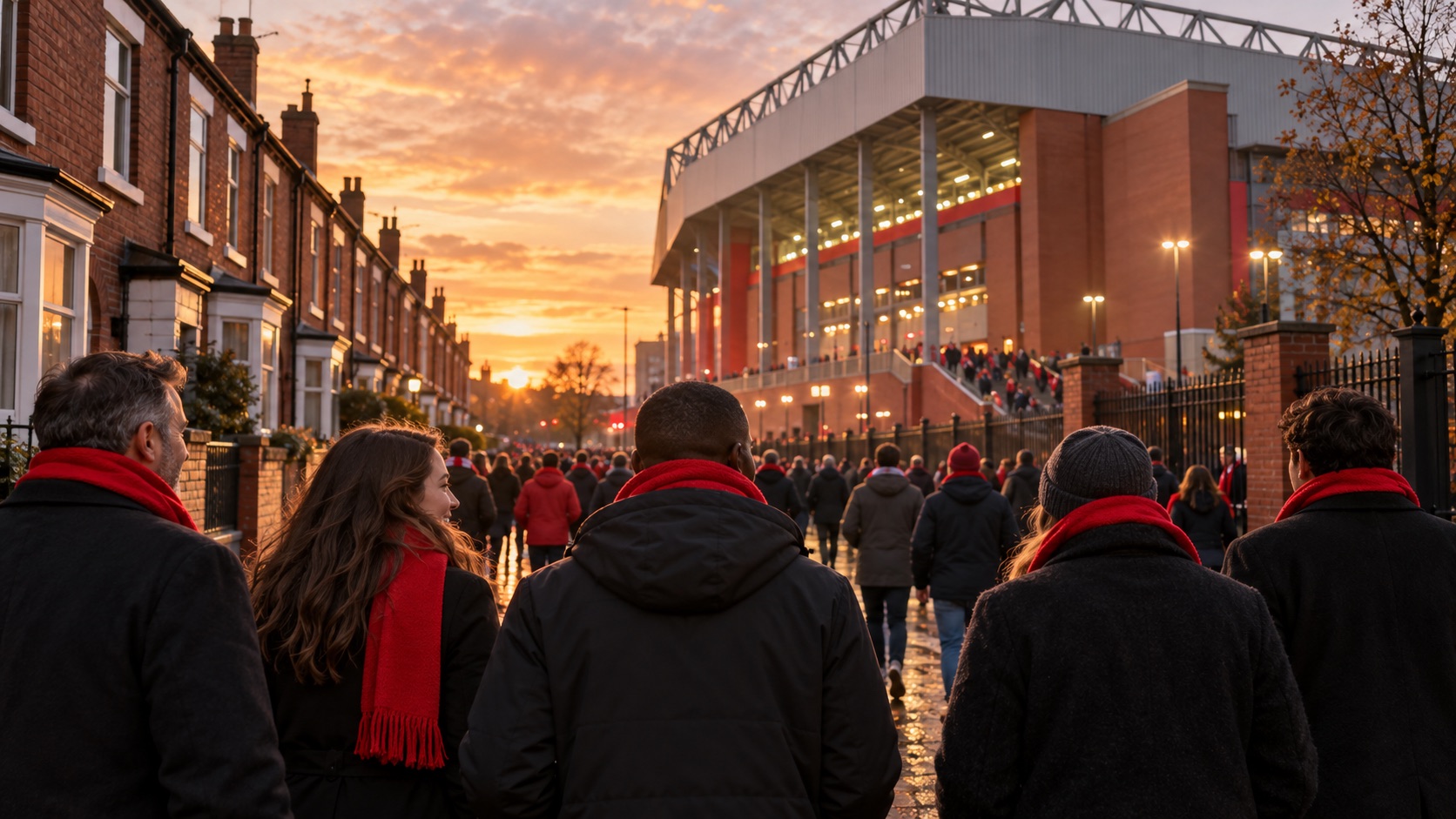Liverpool-supportrar i röda halsdukar på väg mot en fotbollsarena
