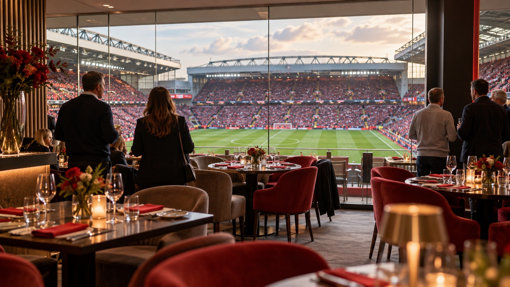 Hospitalitylounge med utsikt över en fotbollsarena före match